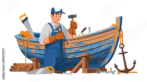 Craftsman restoring a boat: An experienced craftsman meticulously repairs a worn wooden boat, demonstrating the art of restoration.