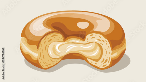 Delicious glazed donut with creamy filling on beige background sweet treat concept