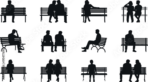 People sitting on park bench silhouettes collection, black human shadow figures in various poses isolated on white background, social interaction and urban lifestyle concept
