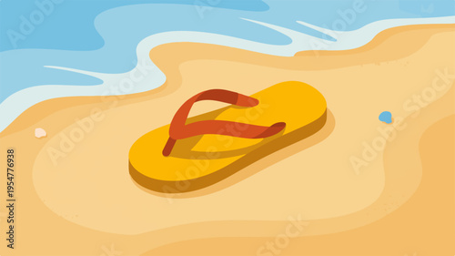 Yellow flip flop on sandy beach with ocean waves in background summer vacation and relaxation concept