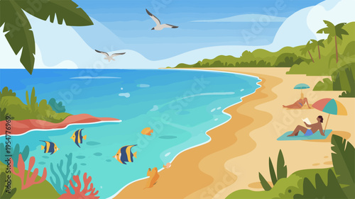 Serene beach scene with people relaxing on sand swimming in turquoise water surrounded by palm trees and lush greenery under a clear blue sky with seagulls flying overhead