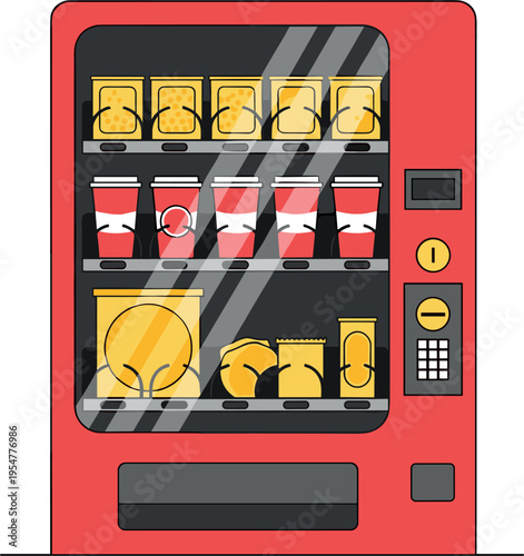 Red vending machine illustration with snacks and takeaway drinks behind glass display, automated self service food dispenser, modern isometric vector
