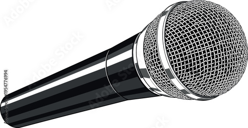 Realistic handheld microphone illustration, professional audio equipment for singing, recording and broadcasting, music performance sound technology concept, detailed metal mesh vector 