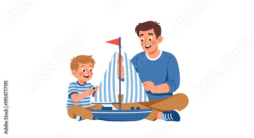 Illustration of a man and a young boy playing with a toy sailboat on a white background in a playful and cheerful mood.