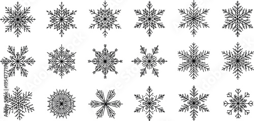 Snowflake outline set with intricate winter crystal shapes, decorative frozen ornaments collection isolated on background, festive seasonal vector illustration bundle for holiday design