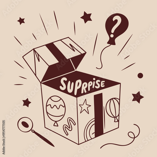 Surprise Box with Balloons and Stars Illustration