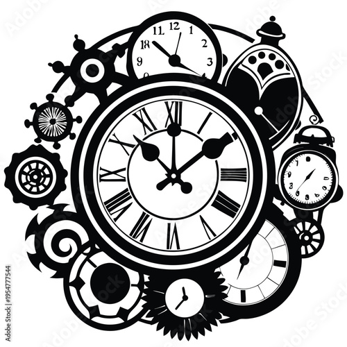 Assortment of black and white clocks and mechanical gears representing time and industry concepts