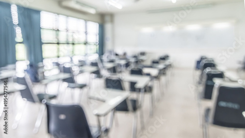 Blurry empty classroom with rows of desks and chairs in a well lit educational setting
