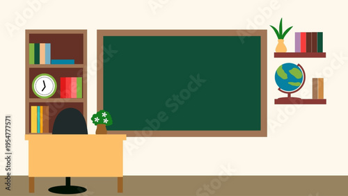Classroom interior with desk bookshelves and empty green chalkboard