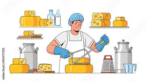 Artisan at Work: An artisan meticulously cuts a wheel of cheese, surrounded by various cheese, milk, and equipment, showcasing traditional methods in a detailed illustration.