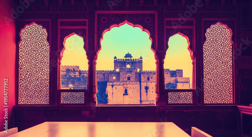 Historic Indian Fort View Through Ornate Window Frame at Sunset