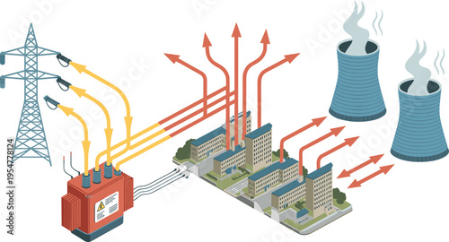 electric power generation diagram, transformer substation energy flow, transmission tower grid, cooling towers industry, electricity infrastructure engineering infographic illustration design