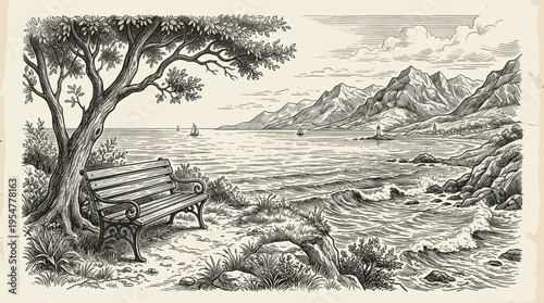 A classic ink drawing depicts a serene seascape with a solitary bench under a leafy tree, looking out over a calm ocean with sailboats towards distant mountains and a lighthouse.