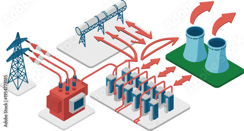 electric power plant diagram illustration, energy distribution system, transformer substation grid, cooling towers industry, electricity generation process infographic design