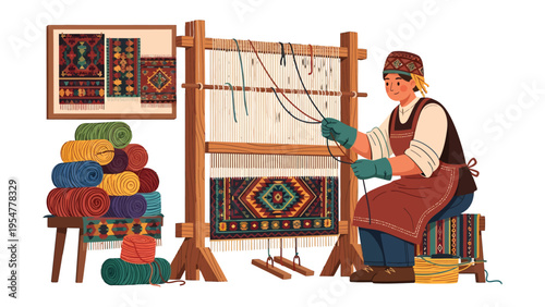 Crafting Heritage: A artisan diligently weaving a traditional carpet on a wooden loom, a vibrant display of culture, skill, and creative passion. 
