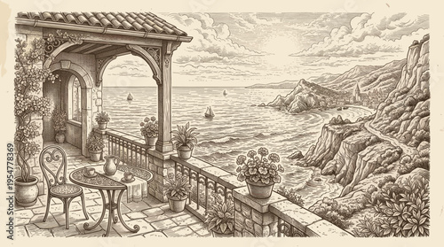A detailed, sepia-toned sketch depicts a charming balcony overlooking a picturesque Italian coastal village and a sparkling blue sea.