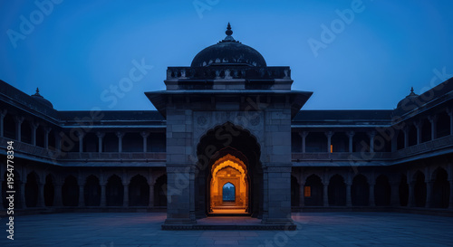 Illuminated Archway at Dusk in Historic Courtyard With Ornate Structure