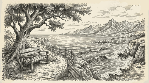 An artistic sketch depicts a serene coastal scene with a large tree and empty bench overlooking the ocean and mountains.