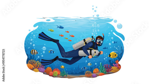 Underwater Adventurer: A diver explores the vibrant underwater world, surrounded by schools of colorful fish and thriving coral reefs.