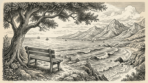 An antique illustration depicts a solitary bench beneath a large tree, overlooking a detailed coastline with waves, sailboats, and distant mountains.