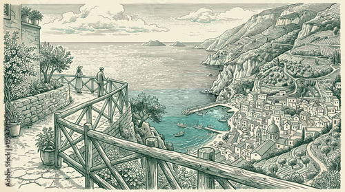 A couple stands on a balcony overlooking a picturesque coastal village nestled beside a turquoise bay with boats, rendered in a vintage engraving style.