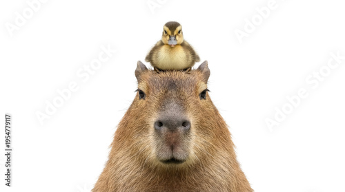 Adorable portrait of a capybara with a tiny duckling perched on its head, both animals looking directly at the viewer on a transparent background. This endearing and unique image captures the harmony