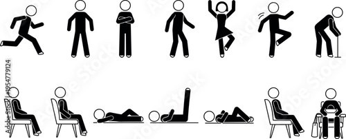 Human stick figure activity icon set showing walking running sitting dancing exercising elderly support and daily movement poses isolated on light background vector illustration