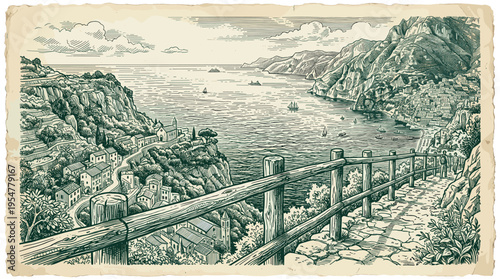 A vintage-style sketch of a picturesque coastal village nestled on a mountainside overlooking a serene sea with sailboats.