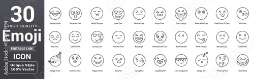 Emoji reaction line Icon set. Including editable outline happy, sad, mood, surprised, angry, emotion, expression and more collection. Vector illustration