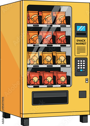 Isometric yellow snack vending machine filled with packaged chips behind glass display, automated self service food dispenser with keypad payment system, modern retail vector illustration