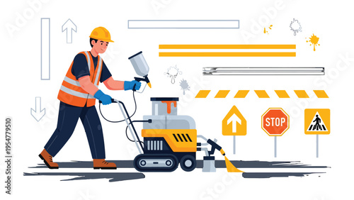 Road Marking Illustration: A skilled road worker is diligently painting lane markings on the road, utilizing advanced equipment and precision to ensure order and safety for drivers.