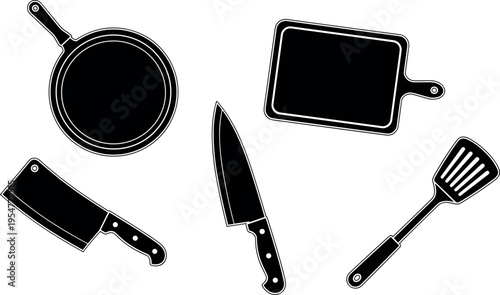 Kitchen utensils silhouette set including frying pan, knives, spatula and cutting board black vector illustration isolated on light background for cooking design and culinary branding