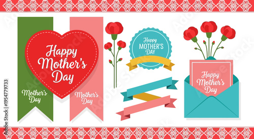 Happy Mother's Day Design Elements Set with Red Carnations, Heart, Banners, and Envelope. Flat Vector Illustration for Greeting Cards, Social Media, and Festive Decor.