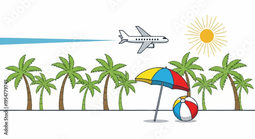Tropical Vacation Scene with Airplane Sun and Beach Elements