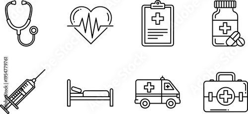 Medical line icons set including stethoscope heart monitor clipboard medicine bottle syringe hospital bed ambulance and first aid kit, healthcare outline vector collection