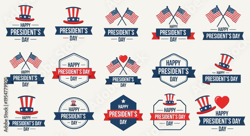 Set of Happy President's Day Labels and Badges with US Flags, Uncle Sam Hats, and Patriotic Ribbons for American Holiday Design
