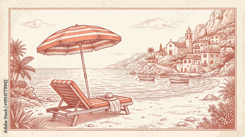 A detailed line art illustration in vintage style depicts a solitary beach chair with an umbrella, hat, and towel, overlooking a serene seascape with boats.