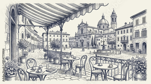 A charming sketch of an Italian piazza with a cafe in the foreground and a grand church and fountain in the background, evoking European travel.