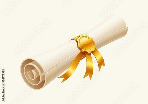 Elegant Rolled Diploma Scroll with Gold Wax Seal and Yellow Ribbons Isolated on White Background