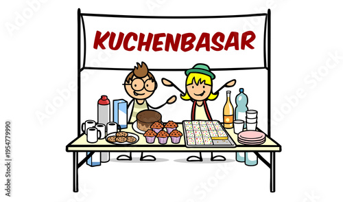 Kuchenbasar Banner mit Kindern als Ankündigung für Kuchenverkauf