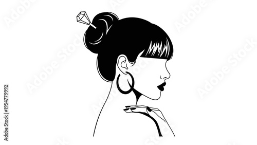 Elegant Woman Profile Silhouette with Updo Hairstyle, Diamond Hairpin, and Hoop Earrings