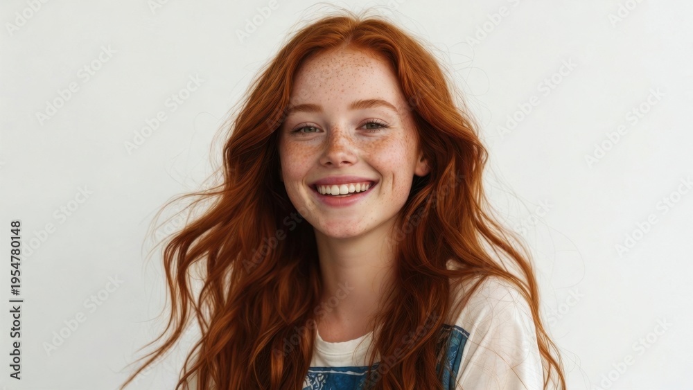 Naklejka premium Red haired woman laughing with tousled hair in studio portrait