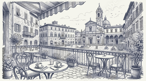 A hand-drawn sketch depicts a charming European cafe terrace overlooking a bustling Italian piazza with a grand cathedral and fountain in the background.