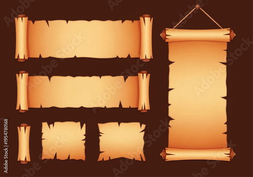 Set of Vintage Ancient Scrolls and Parchment Banners for Game UI Design - Medieval Fantasy Papyrus Paper Elements for RPG Interfaces, Headers, and Menus