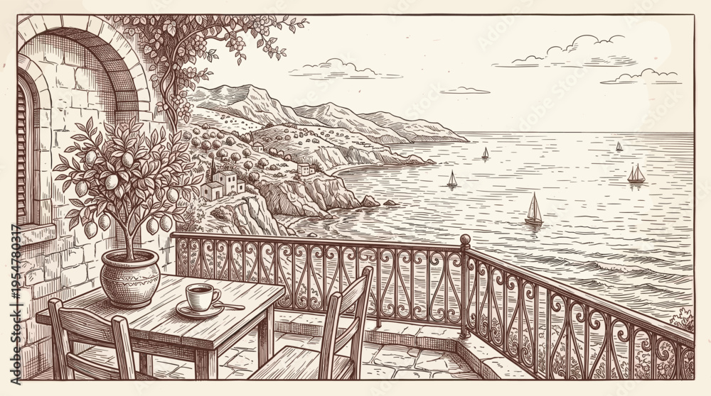Fototapeta premium A charming hand-drawn sketch depicts a serene Mediterranean terrace with a coffee cup on a table, overlooking a picturesque coastal village and the sparkling blue sea with sailboats.