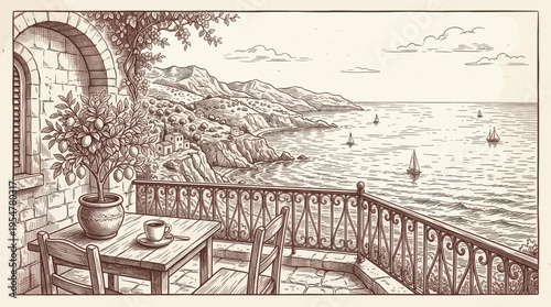 A charming hand-drawn sketch depicts a serene Mediterranean terrace with a coffee cup on a table, overlooking a picturesque coastal village and the sparkling blue sea with sailboats.