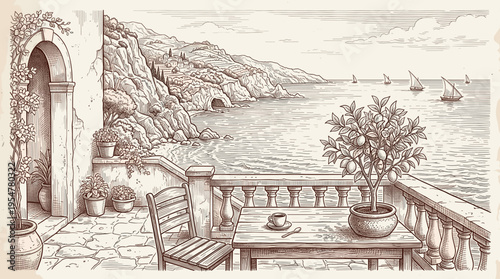 A detailed sketch depicts a charming balcony overlooking a serene sea and coastal village, complete with a coffee cup, citrus tree, and arched entryway.