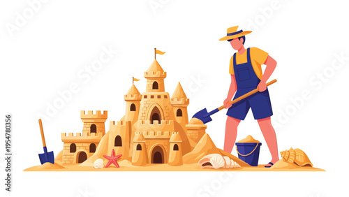 Building Dreams in the Sun: A craftsman diligently sculpts a majestic sandcastle on a sunny beach, turning the ordinary into the extraordinary, and creating a masterpiece of transient art.