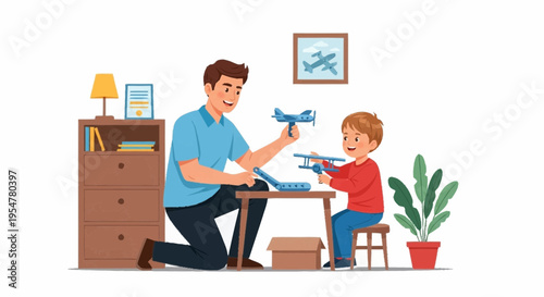 Father and Son Building Airplane Models Together Indoors