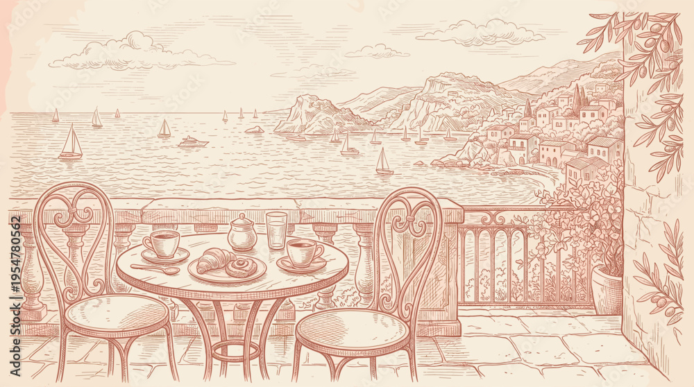 Fototapeta premium A charming sketch of a European balcony cafe with coffee and pastries overlooking a serene coastline, town, and sailboats.